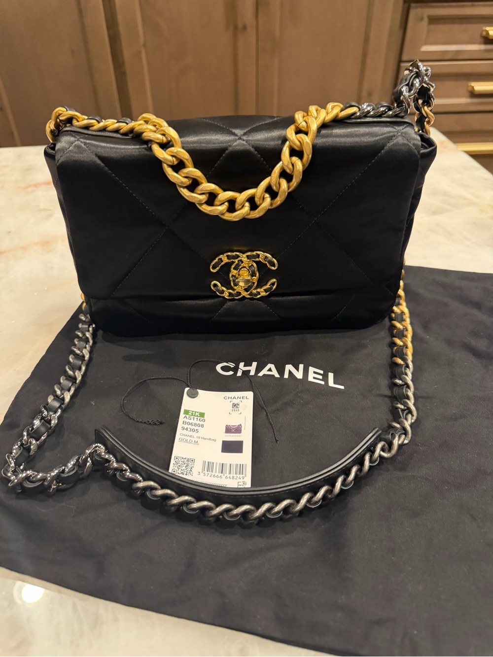 Chanel 19 - medium, satin Black, mixed hardware.